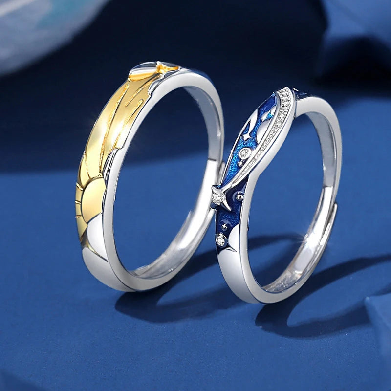 European S925 Sterling Silver AAA CZ Sun And Stars Couple Open Ring For Women Men Birthday Wedding