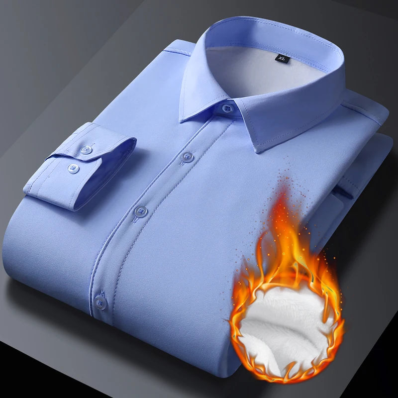 Winter and autumn men's long-sleeved warm-weather shirts for business and casual wear, non-stretchable men's clothing