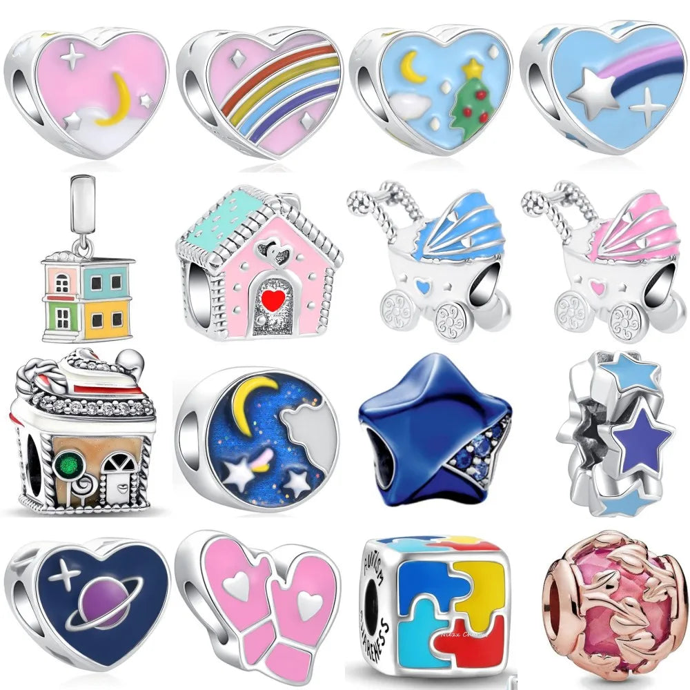925 Sterling Silver House Star Moon Colorful Heart Pendans Beads Diy Fit Original Pendant Charm Bracelet Necklace Women Jewelry
