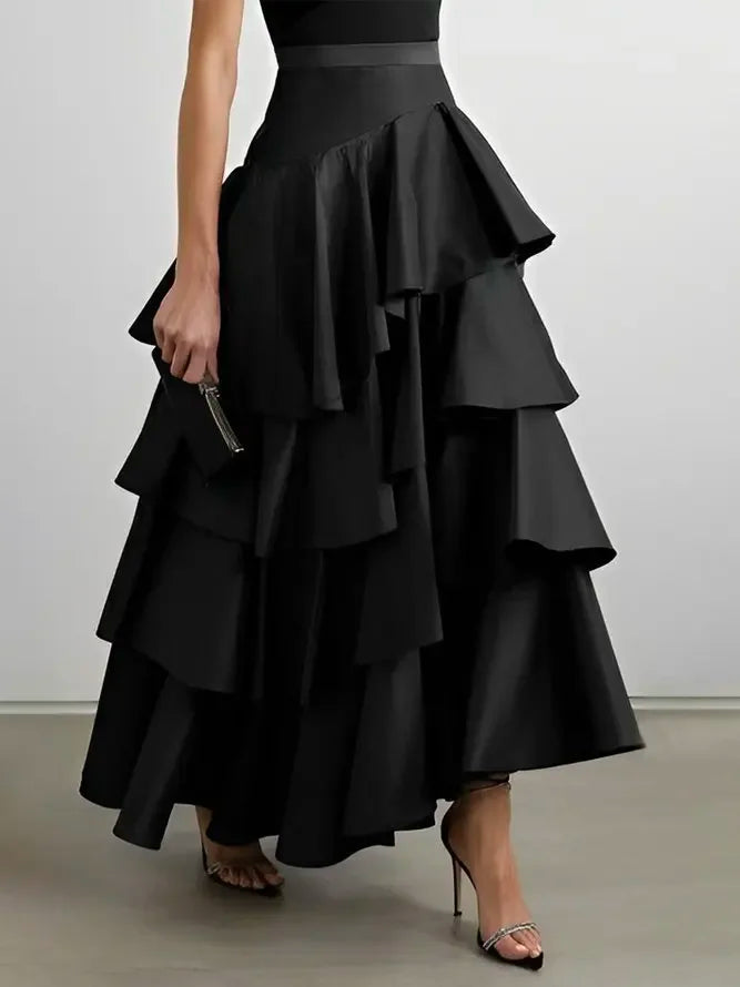 Women's Midi Skirts Summer Autumn Falbala Swing Party A-Line Classic Vintage Skirt for Lady High Waisted Long Skirts Black White