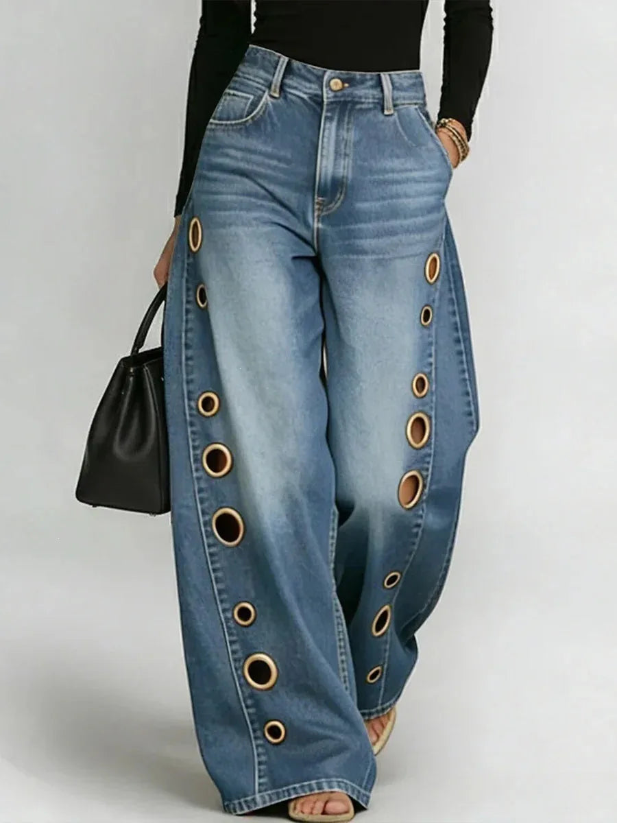 High Waist Gold Zipper Wide Leg Jeans Straight Leg Loose Denim Pant