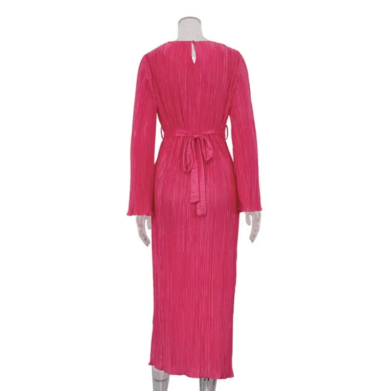 Autumn Winter Party Dress for Women 2025 Y2K INS Elegant Fashion Long Sleeve O Neck Lace Up Folds Evening Graduation Long Dress