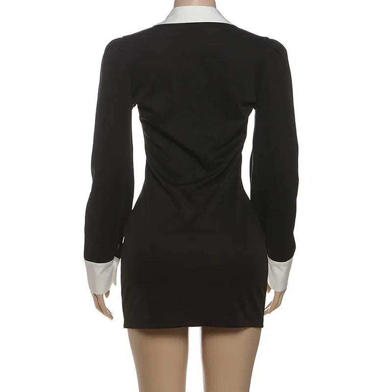 2025 Autumn Color Patchwork Mini Dress Women Fashion Turn Down Collar Long Sleeve Slim Bodycon Streetwear Office Lady Outfits