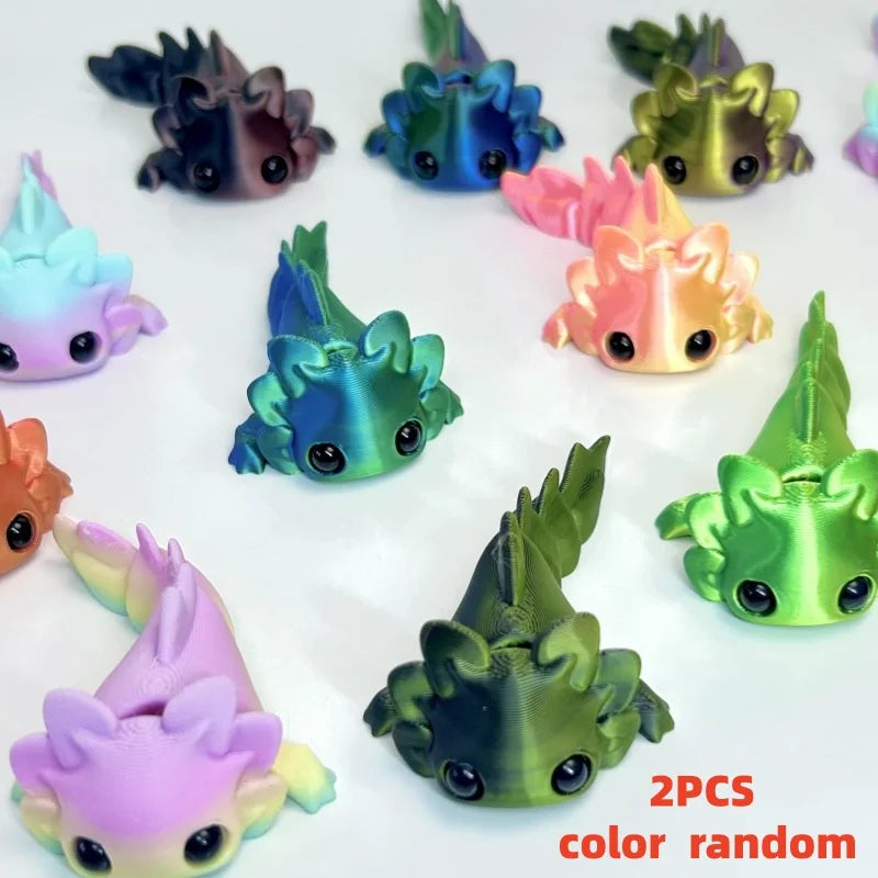2-Pack of 3D Printed Small Animals in Random Colors, Cute Axolotls with Movable Joints, Adorable Water Tiger Fish Figurines with Happy Expressions, Perfect for Holiday Gifts and Desktop Decorations, Great Holiday Gifts