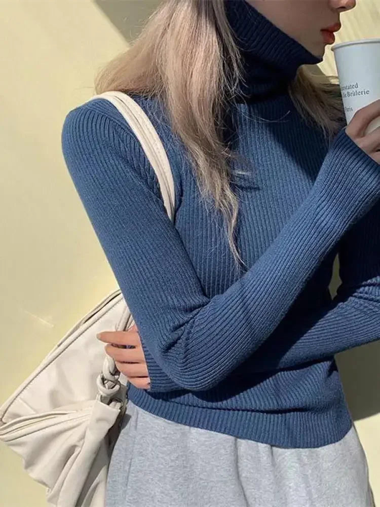 Women Turtlneck Sweater Elegant Solid Basic Knitted Tops Casual Pullover Korean Fashion Simple with Thumb Holes Chic Clothes