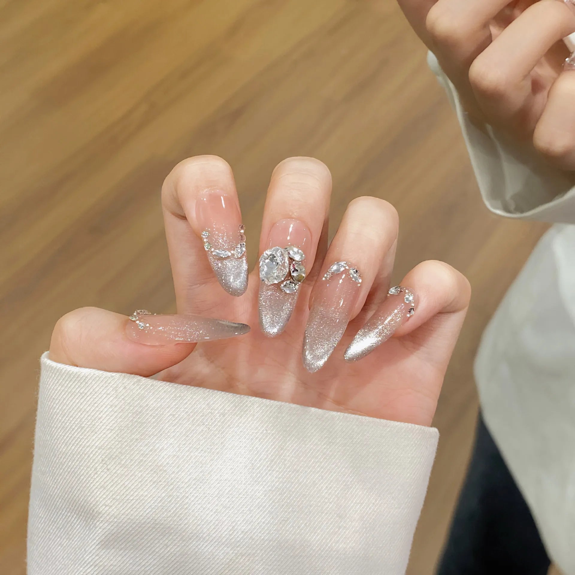 Butterfly Cat Eye Press-On Nails | 10pcs Pink Handmade French | Reusable Wearable Nail Art Tips