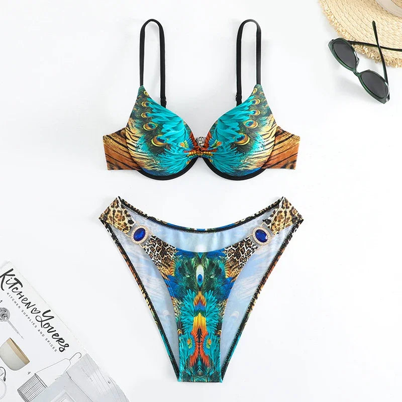 Green Peacock Print Bikini Set 2026 – Rhinestone Low Waist Thong Swimsuit