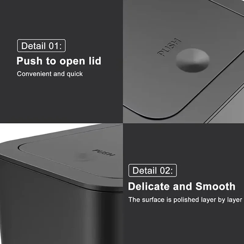 10L Small Black Bathroom Trash Can with Pop Up Lid Compact Plastic Garbage Bin For Cleaning Kitchen Food And Meal Residue