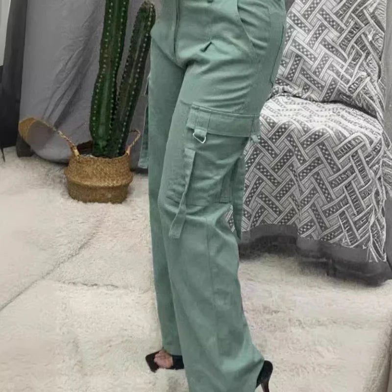 Fashion Retro Overalls Pants Multi-Pocket Casual Straight Pants High Street Women's Wide-Legged High Waisted Long Trousers