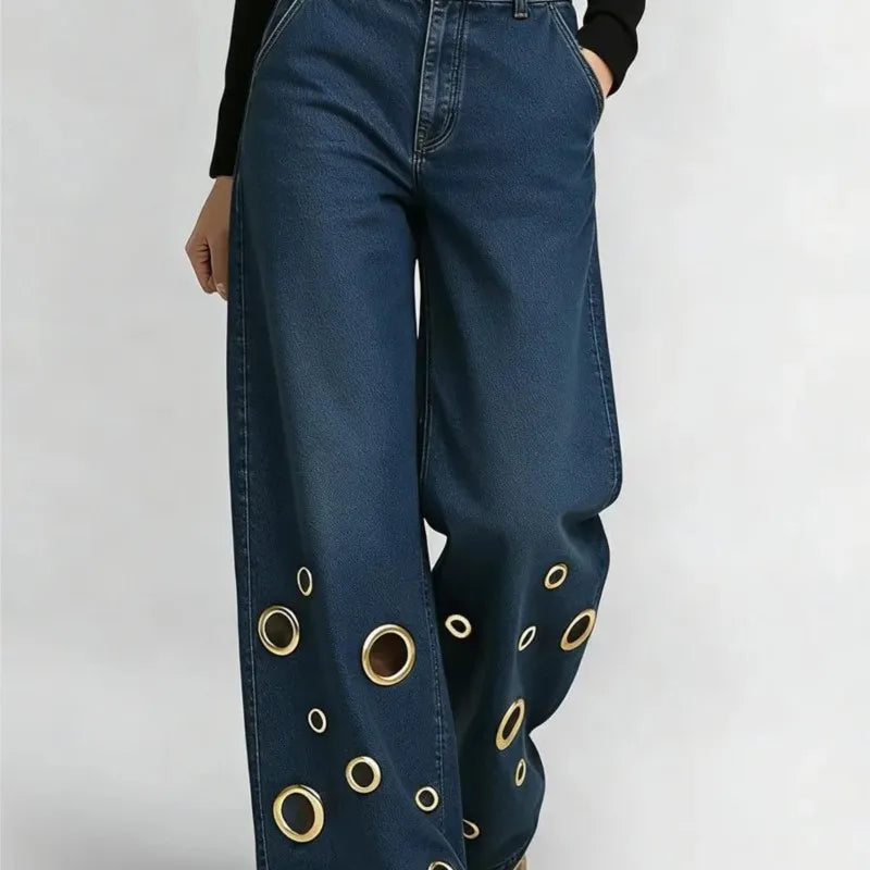 Women's High Waist Wide Leg Jeans with Gold Eyelets