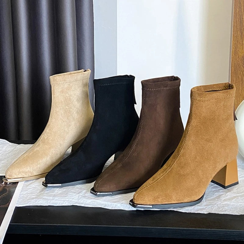 Autumn Winter Suede Women Ankle Boots Sexy Thick High Heels Pointed Toe Shoes Modern Short Botas Para Mujer