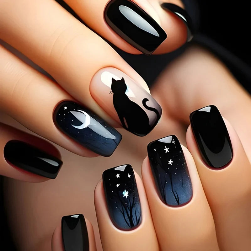 Gradient Black Fake Nails Long Ballerina Nails Press on Simple Full Cover False Nails Tips for Women Girls DIY Manicure 24Pcs
