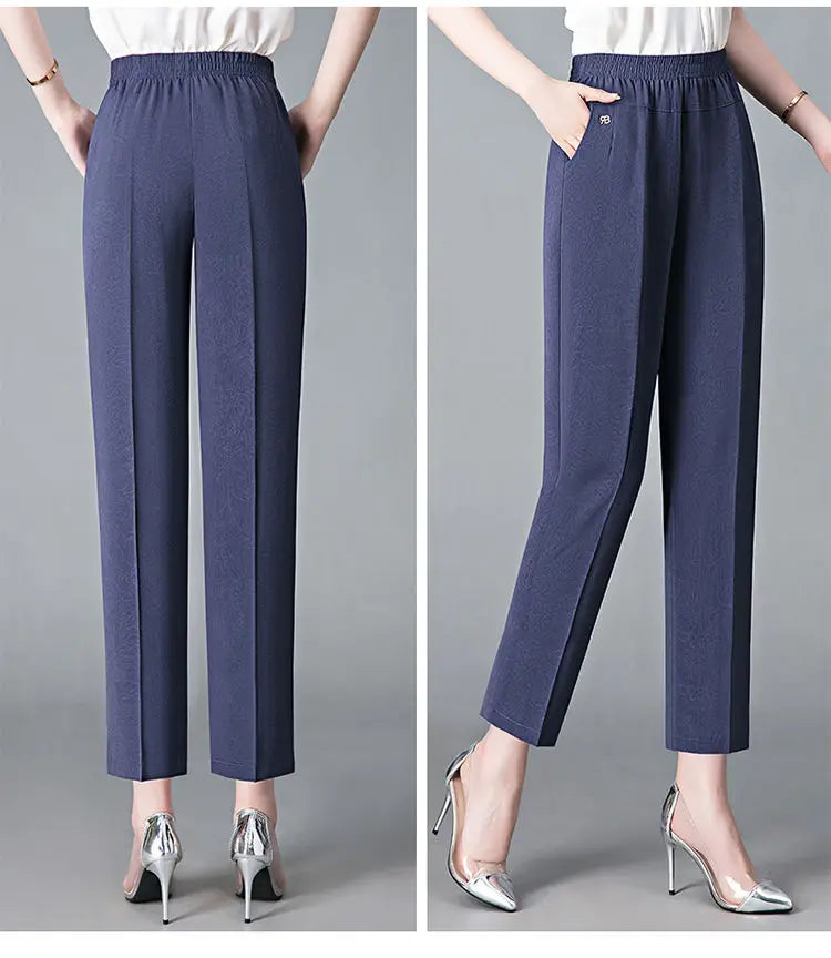 Office Lady Vintage Loose Straight Pants Spring Summer Thin Women Streetwear Fashion Casual Elastic High Waist Cropped Trousers