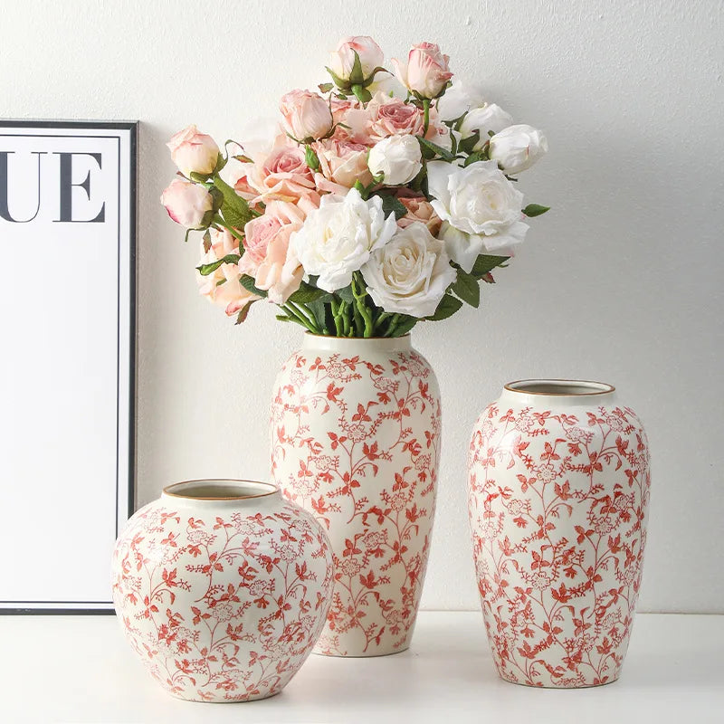 Red and White Porcelain Vase Elegant Classical Flowers Pot