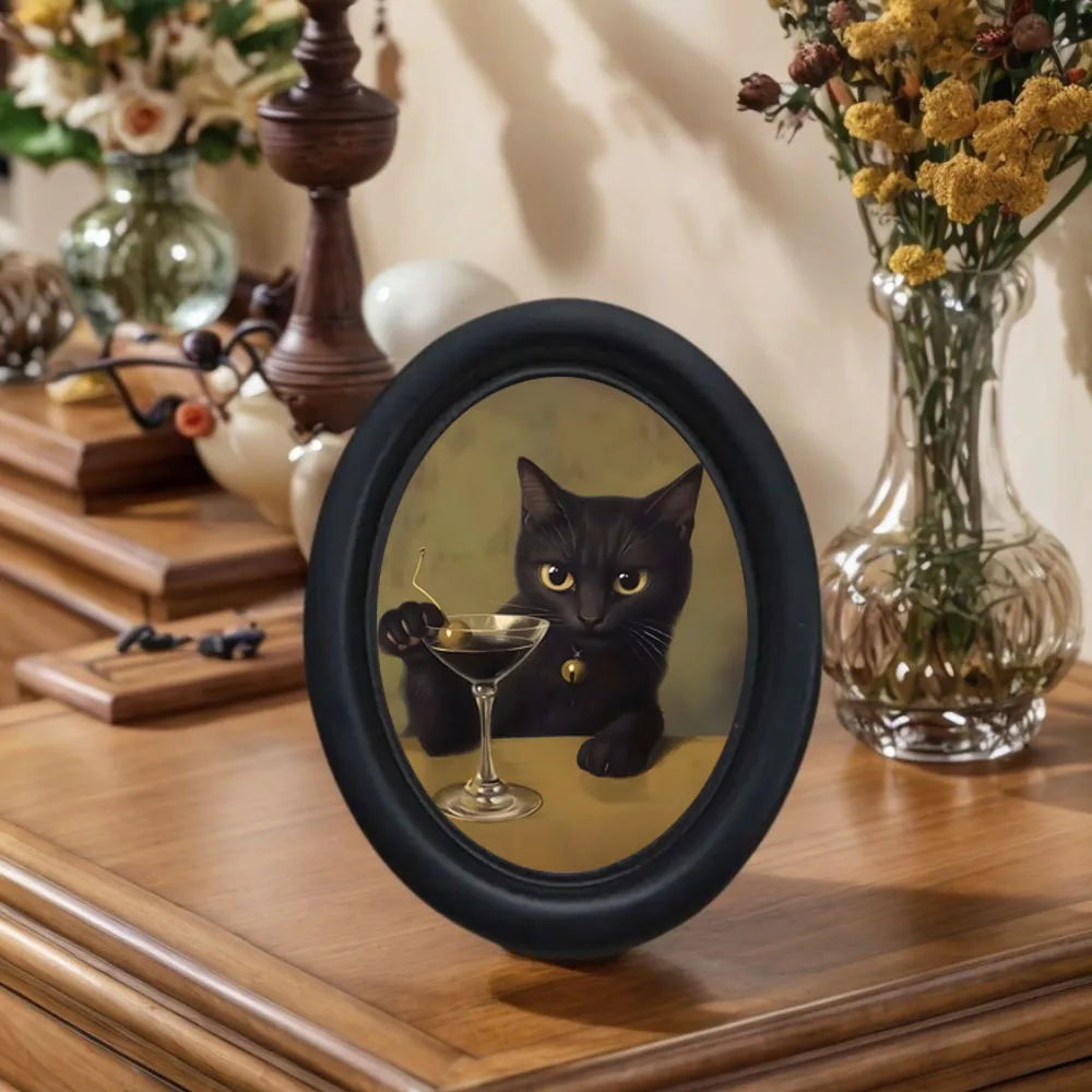 1 Piece of Vintage Wall Decoration Featuring a Black Cat Drinking a Martini Cocktail, Black Oval Frame Decoration, Gothic Style Cat Elements, Fun Bar Decoration, Exclusive Gift for Cat Lovers