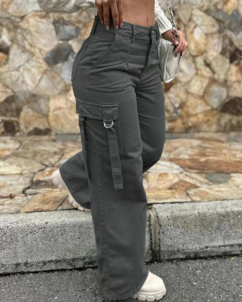 Fashion Retro Overalls Pants Multi-Pocket Casual Straight Pants High Street Women's Wide-Legged High Waisted Long Trousers