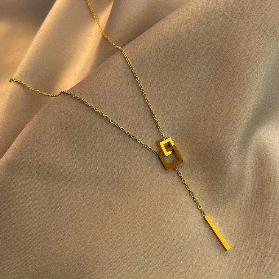 Simple Style Square Shape Buckle Long Pendant Clavicle Chain Necklace 18K Gold Plated Golden Color Neck Jewelry For Women