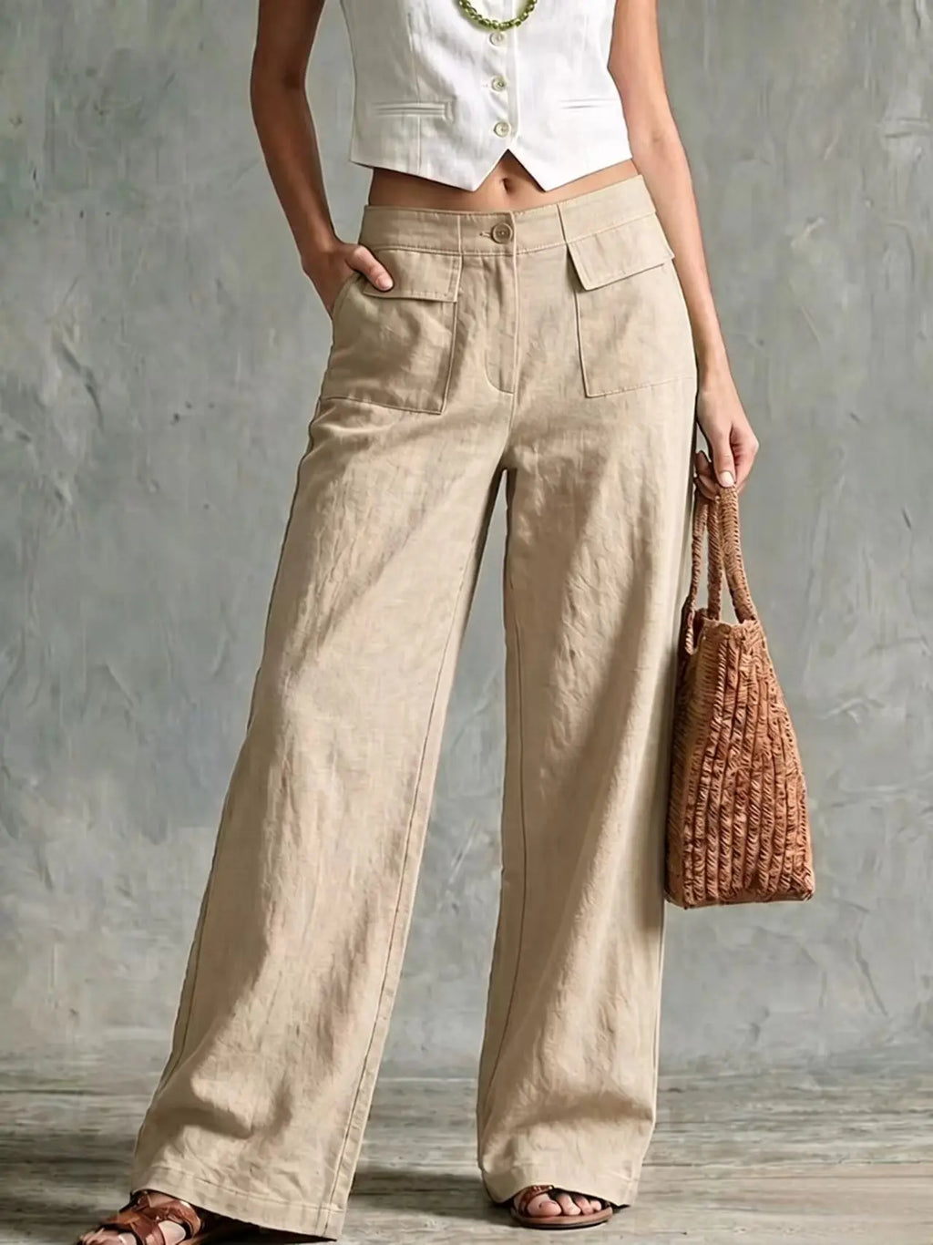Women Wide Leg Pants High Waist Front Pocket Workwear