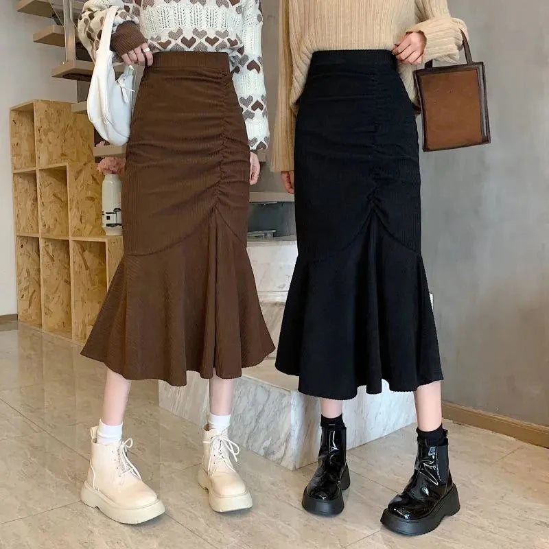 Fashion High Waist Midi Skirts for Women 2023 Spring Slim Fit  Hip Mermaid Skirt Woman Korean Ruffles Brown Skirts 2XL
