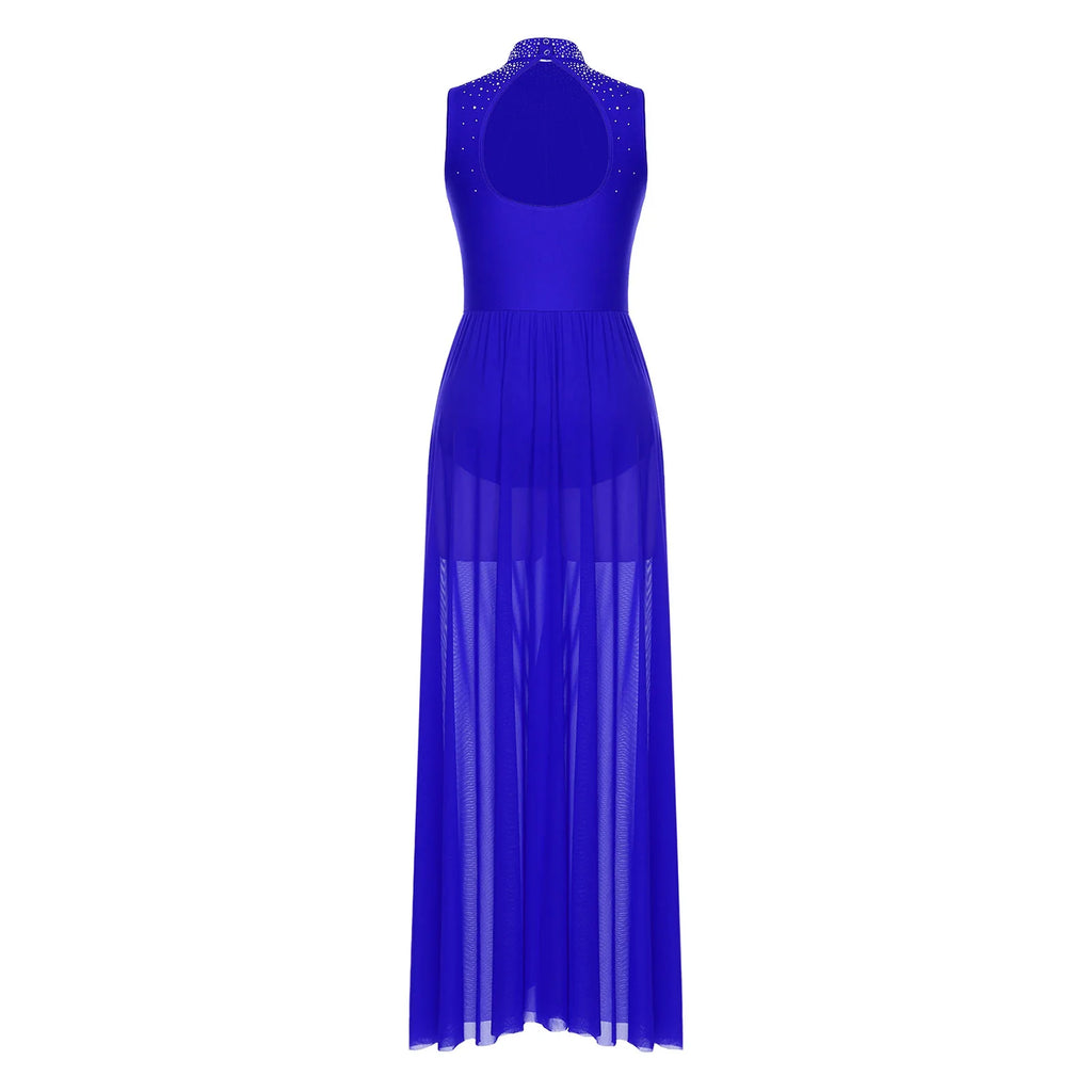Womens Lyrical Dance Dresses Mock Neck Wide Hemline Shiny Rhinestones Maxi Dress Sleeveless Modern Contemporary Leotard Dresses