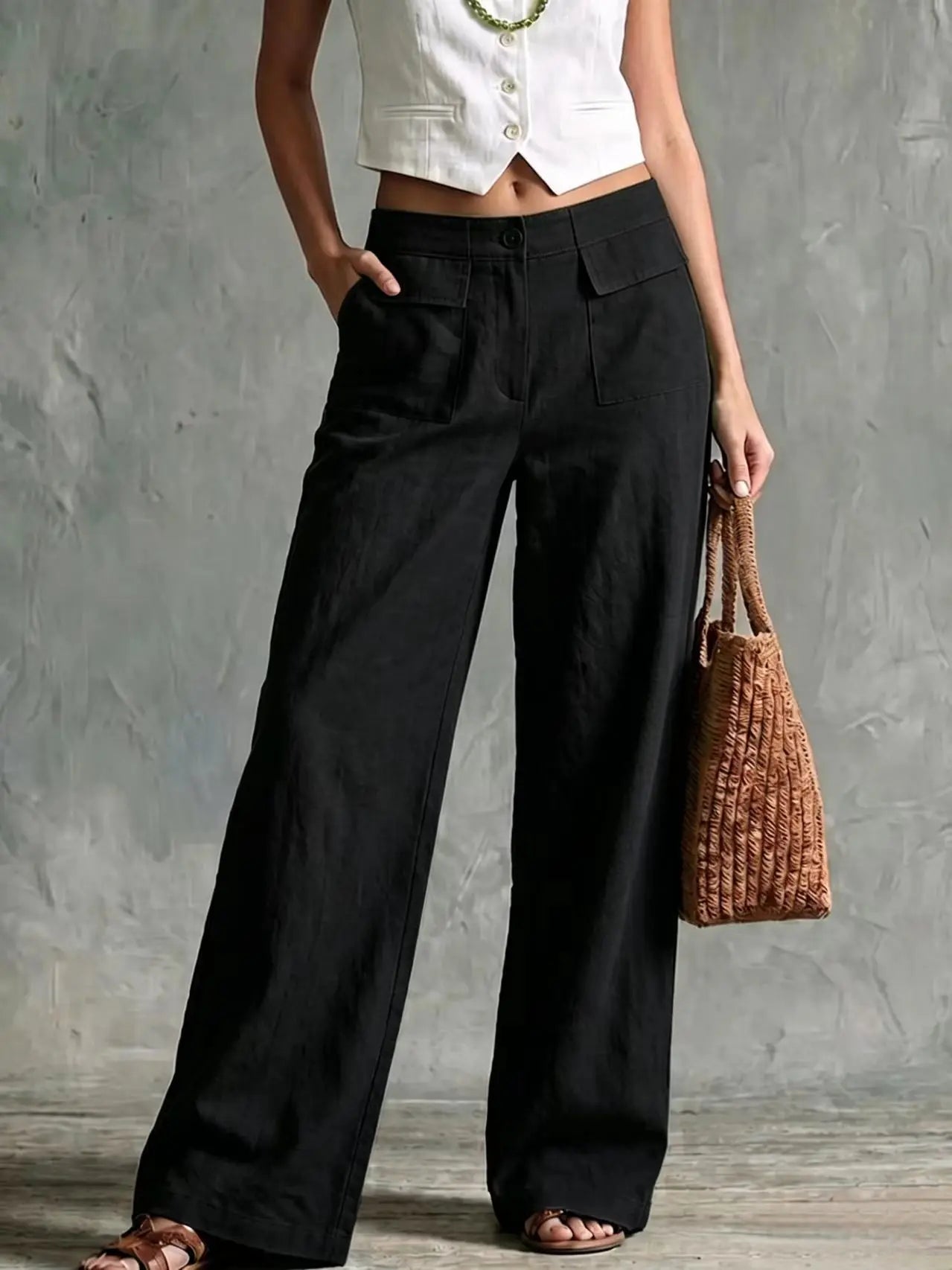 Women Wide Leg Pants High Waist Front Pocket Workwear