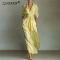 French Dresses Elegant Turn-down Collar High Waist Belted A-Line Party Dress Spring 3/4 Sleeve Pockets Bohemian Maxi Dress Mujer
