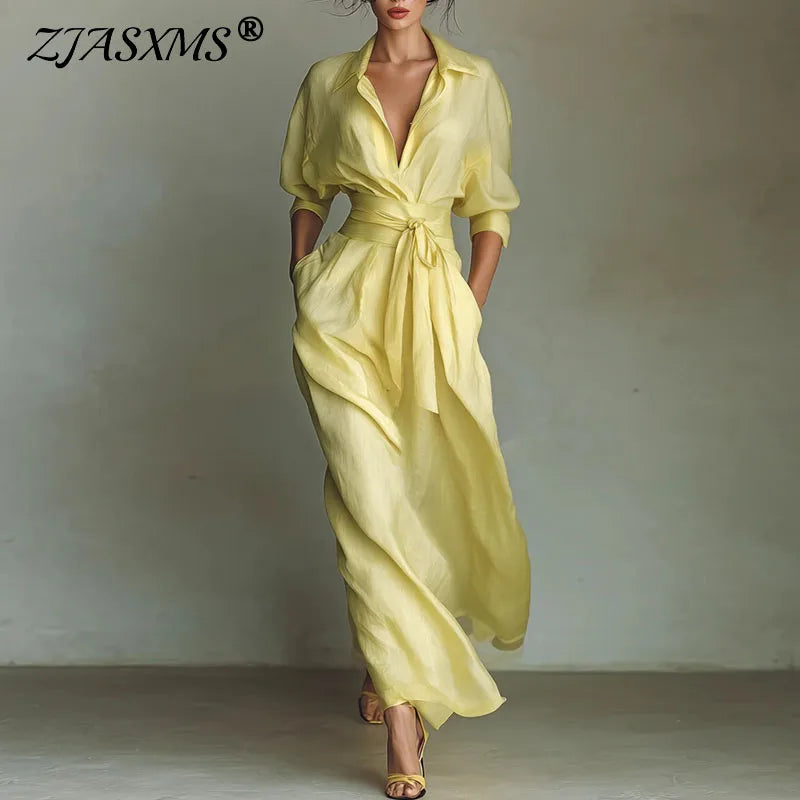 French Dresses Elegant Turn-down Collar High Waist Belted A-Line Party Dress Spring 3/4 Sleeve Pockets Bohemian Maxi Dress Mujer