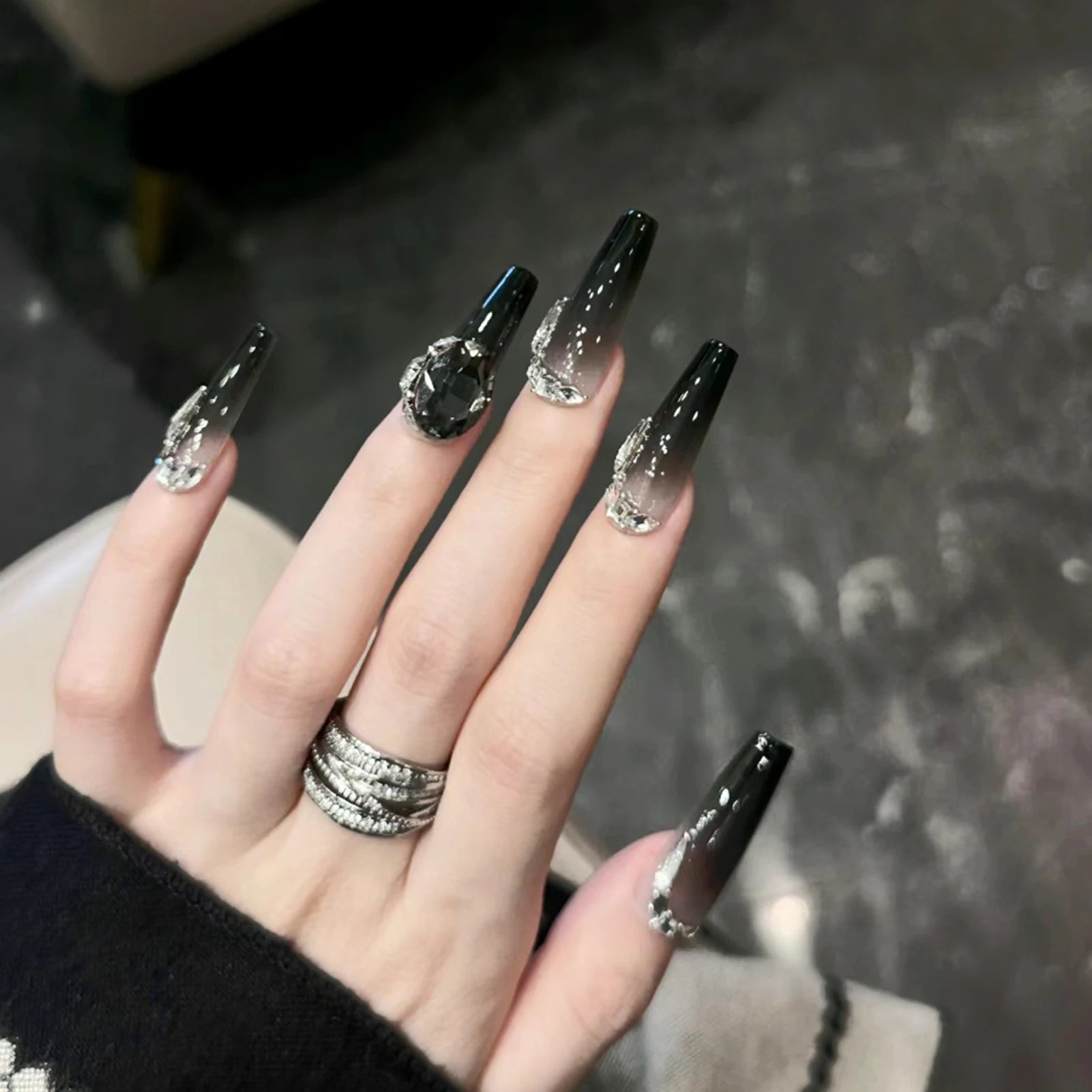 Gradient Black Fake Nails Long Ballerina Nails Press on Simple Full Cover False Nails Tips for Women Girls DIY Manicure 24Pcs