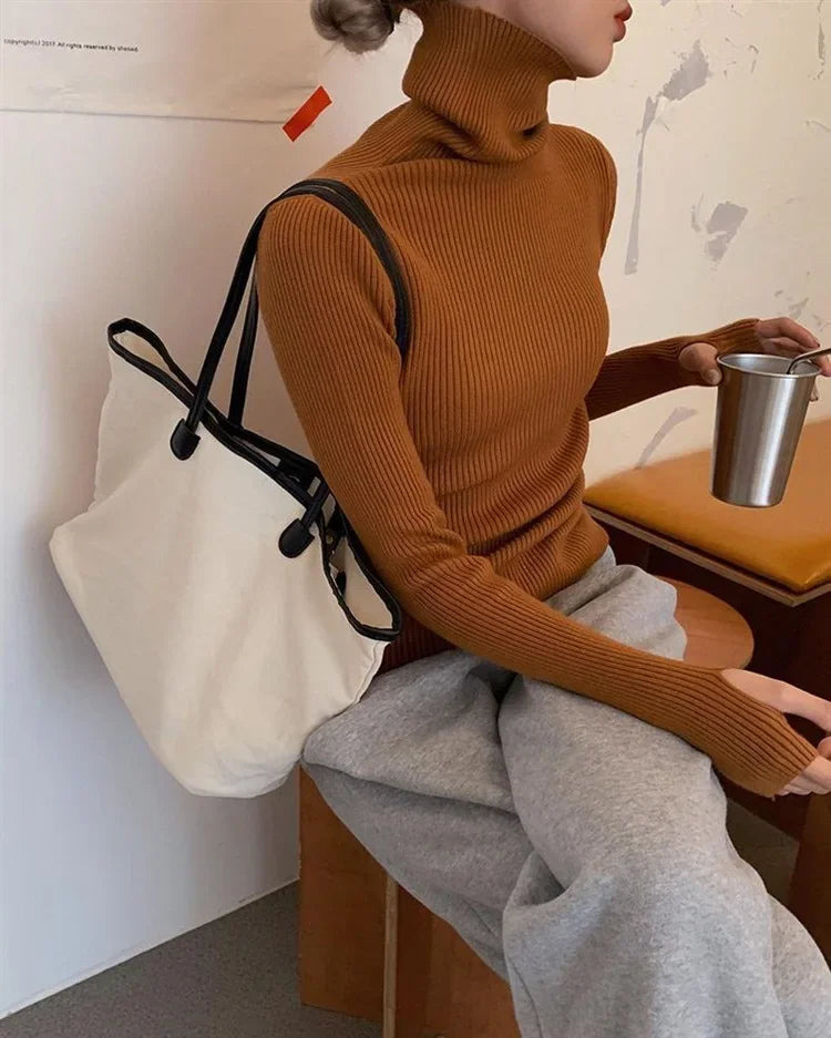 Women Turtlneck Sweater Elegant Solid Basic Knitted Tops Casual Pullover Korean Fashion Simple with Thumb Holes Chic Clothes
