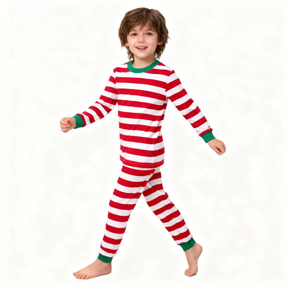 Christmas Kids Pajamas Set Red White Striped Long Sleeve Sleepwear Cute Xmas Pjs for Boys Girls Comfortable Nightwear Outfits