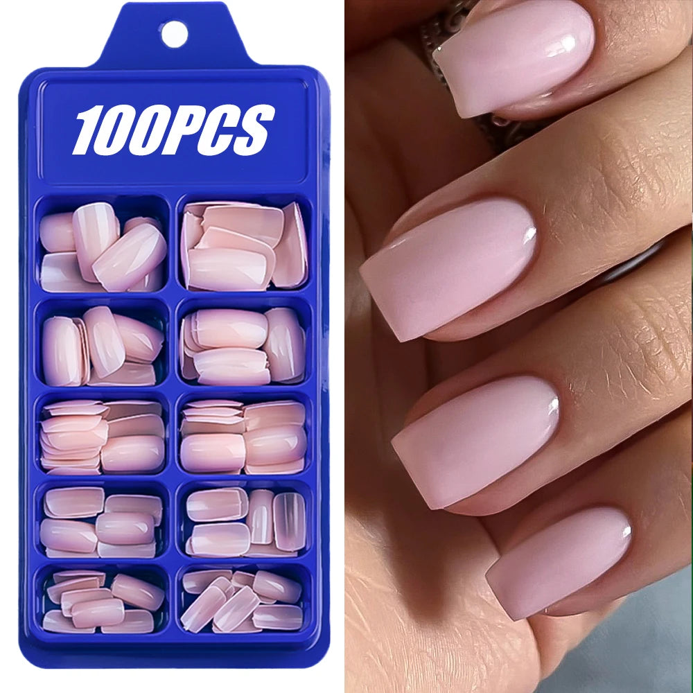 100pcs Light Pink Press-On Nails | Short & Medium Square | 10 Sizes Full Cover Nail Tips