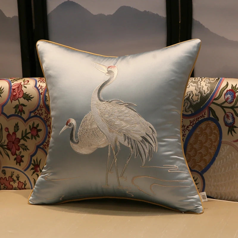 Chinese Style Crane Hugging Pillowcase Living Room Sofa Decoration Embroidered Cushion Cover Home Decor Luxury Pillow Covers