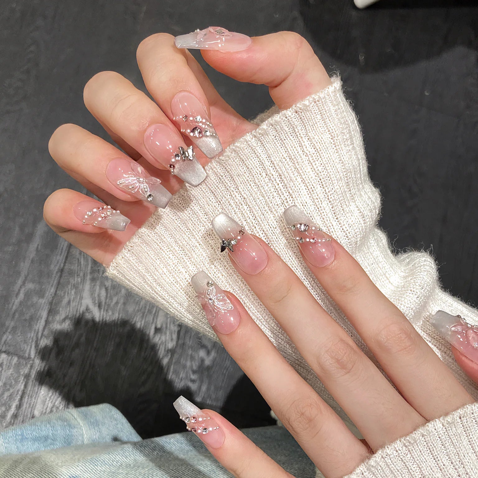 Butterfly Cat Eye Press-On Nails | 10pcs Pink Handmade French | Reusable Wearable Nail Art Tips
