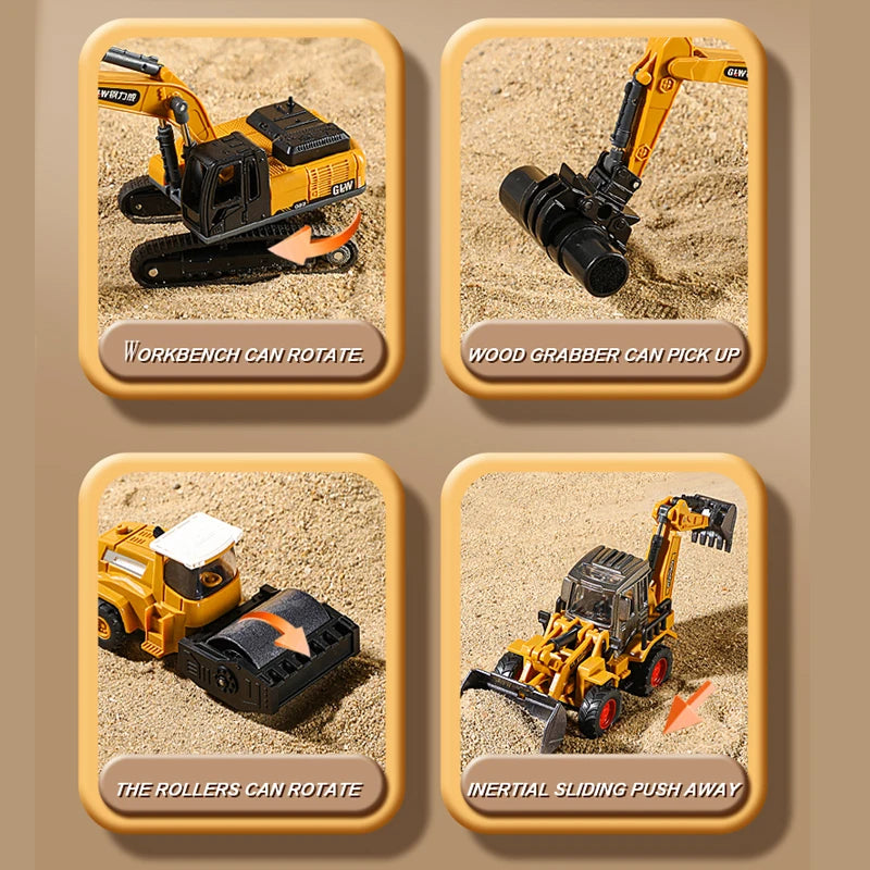 1:70 9 Styles Mini Yellow Alloy Forklift Driller Road Roller Engineering Diecast Construction Vehicle Inertia Toys for Boys Gift