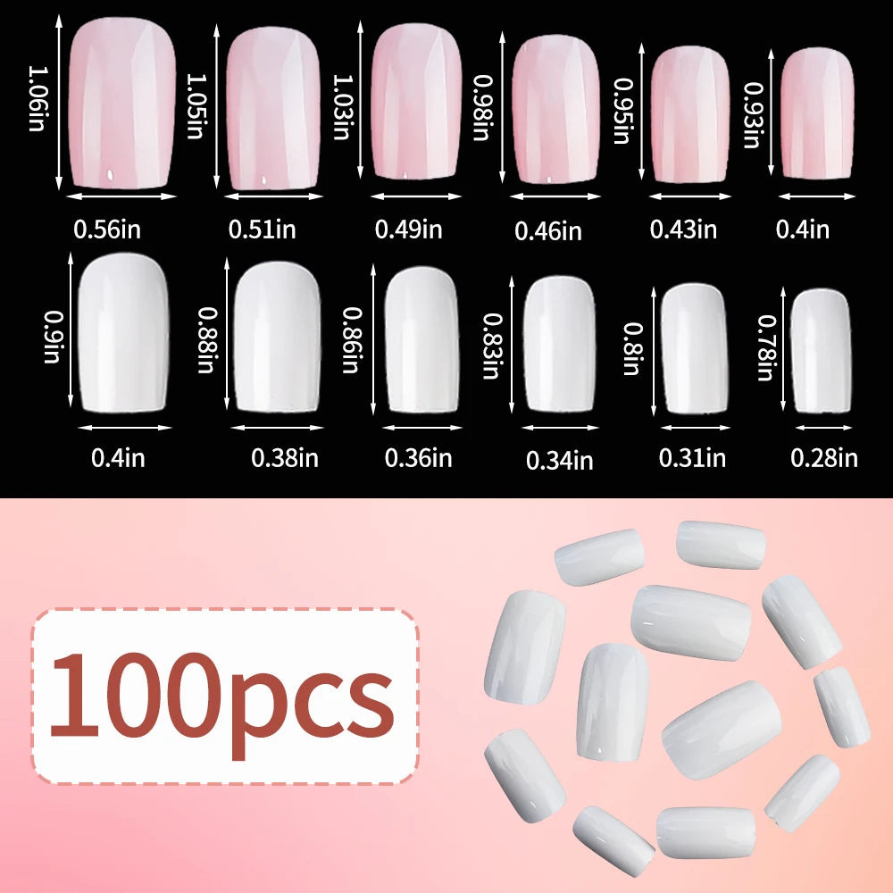 100pcs Light Pink Press-On Nails | Short & Medium Square | 10 Sizes Full Cover Nail Tips