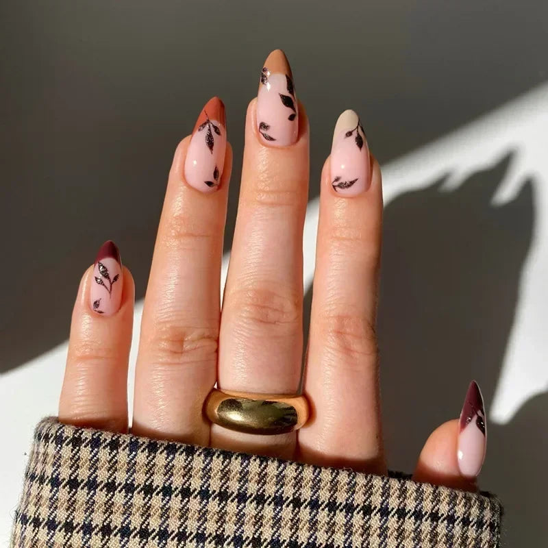 Autumn Matte Press-On Nails | 24pcs Rose Leaf Almond | Full Cover Acrylic Nail Tips with Glue