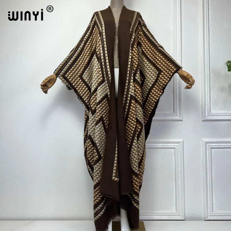 WINYI new winter clothes for women Geometric print Africa Luxury Long Fur Loose dress Thick Warm long down coat winter abaya