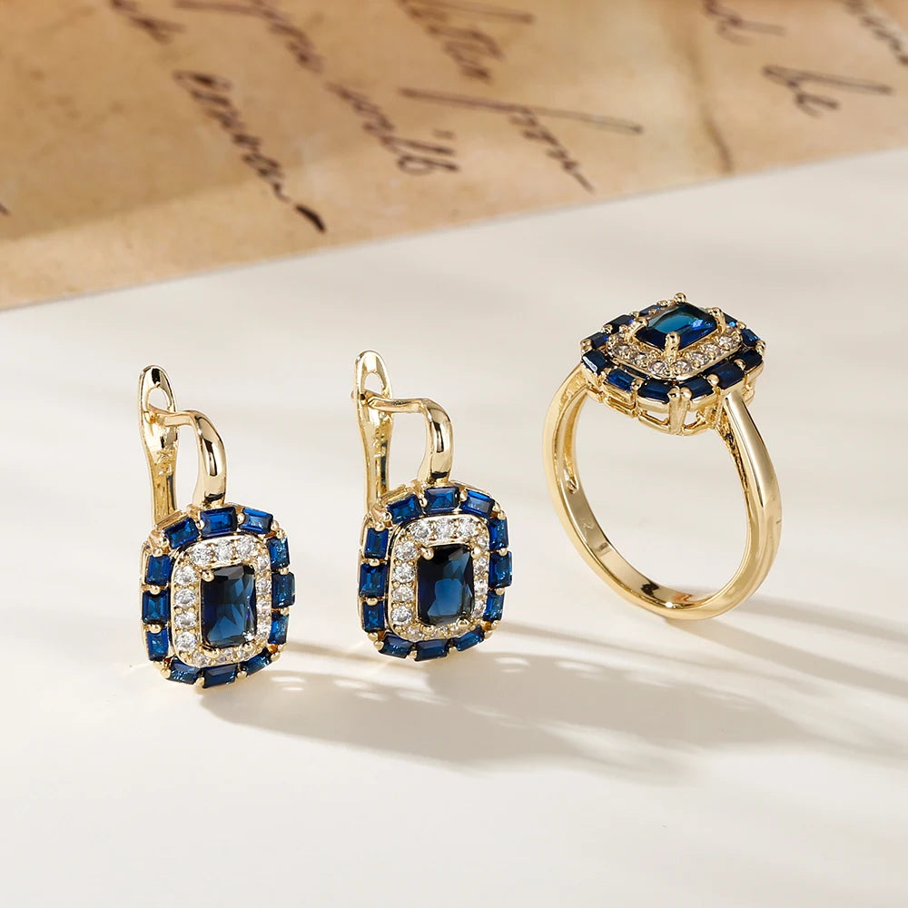Square design inlaid zircon earrings ring for women fashion jewelry copper plated 14K gold exquisite luxury suit jewelry gift