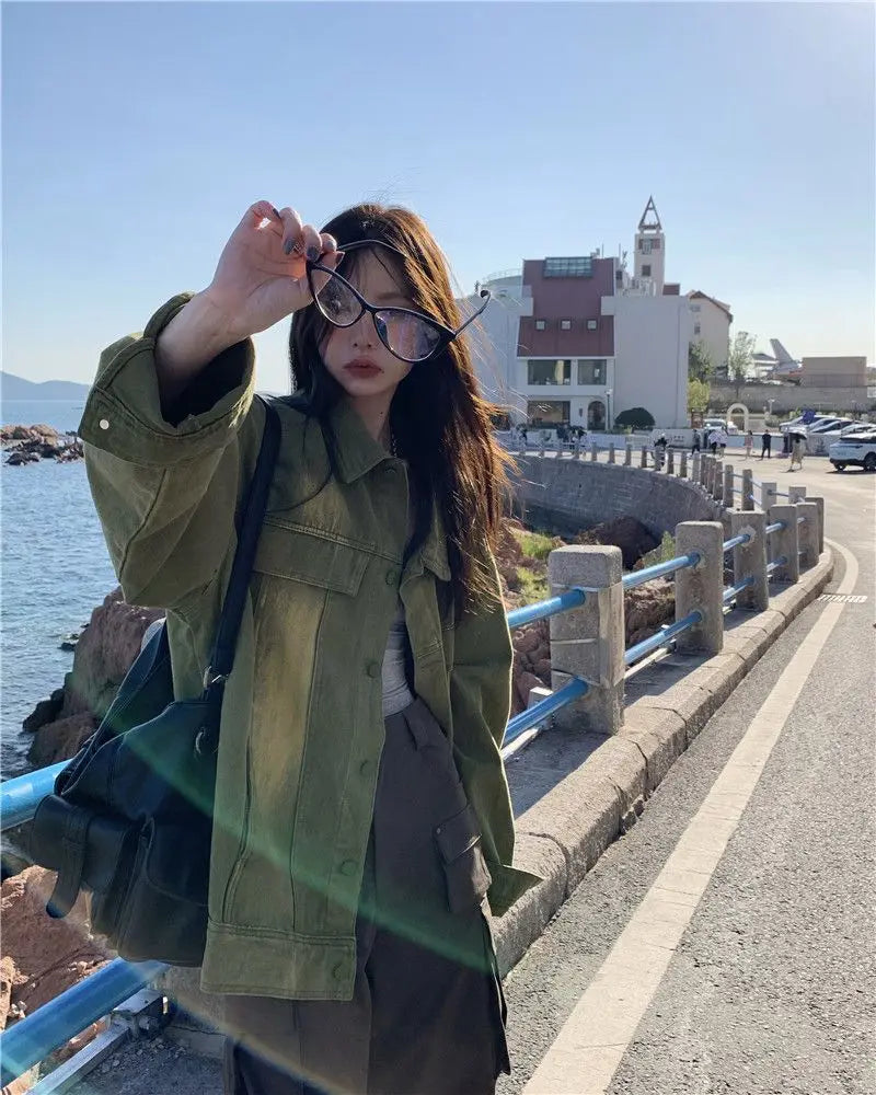 Women Jacket Vintage Workwear Denim Coat