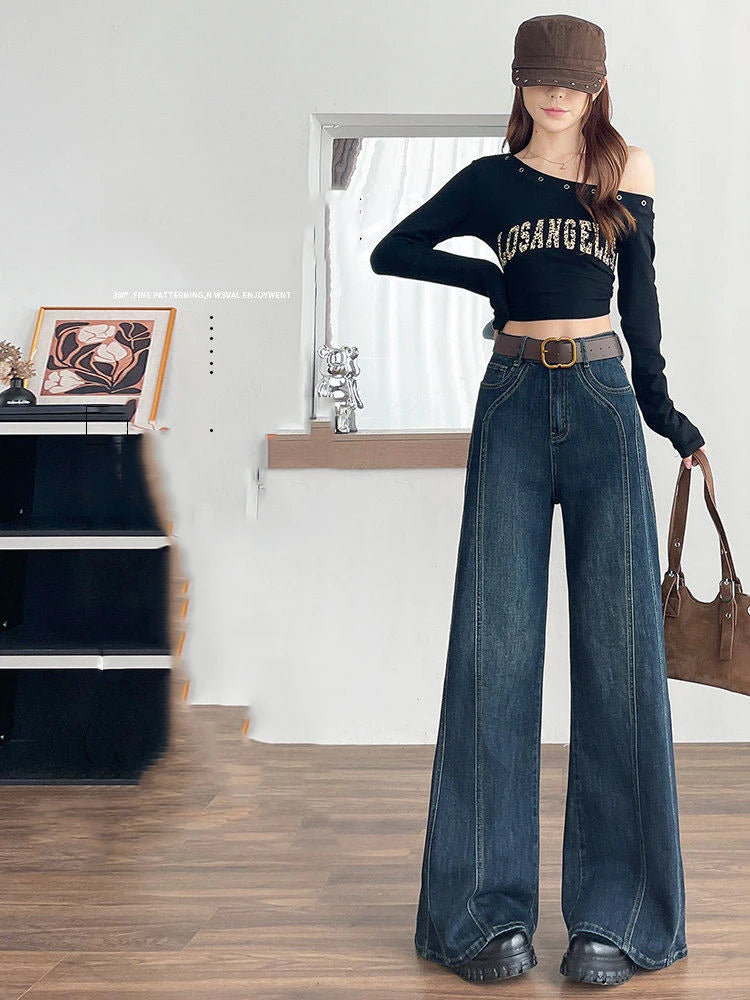 American Style Retro Elastic Wide Leg Jeans