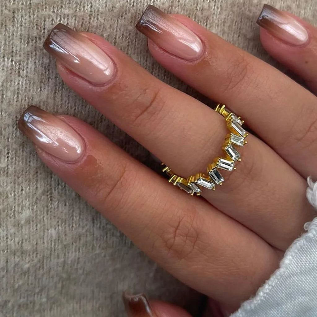 Medium fake nails for women girls gradient coffee color glossy Square almond nail tips full cover press on acrylic false nail
