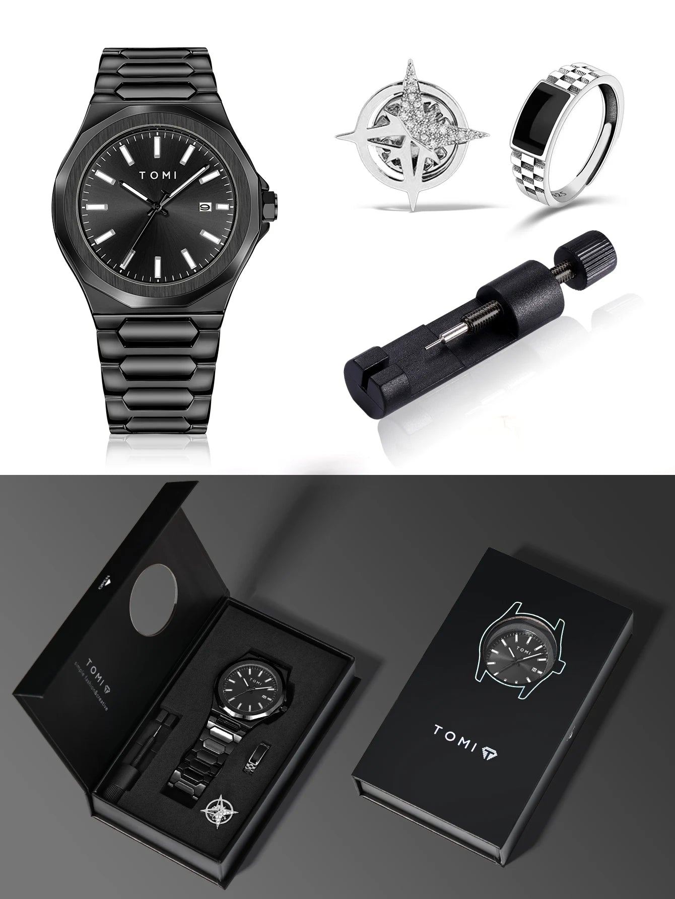 TOMI Luxury Business Men's Watch Gift Box Set High Quality Rose Gold Case Simple and Versatile Quartz Watch Relogio Masculino
