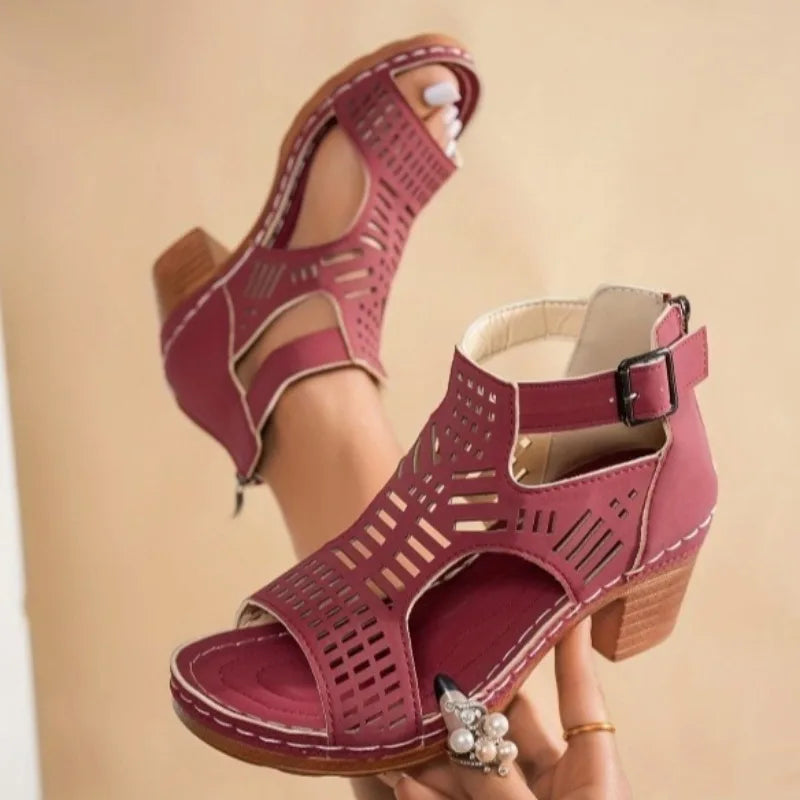Thick Heeled Sandals Summer Breathable Hollow Out Sandals for Women Retro High Heels Roman Sandalias