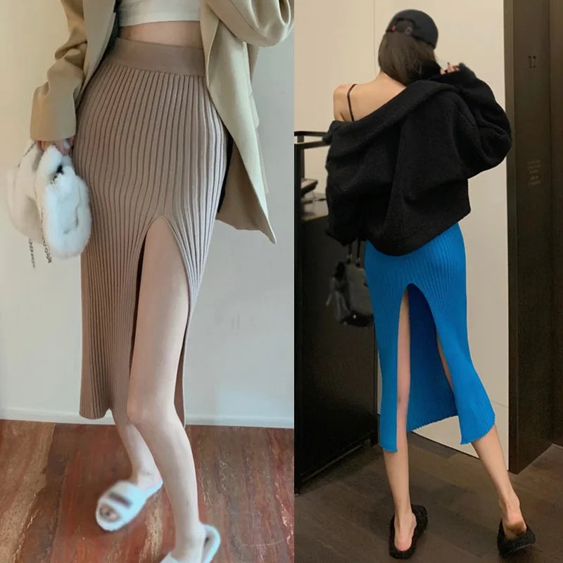 Women Sexy Split Bodycon Long Skirt  Elegant Slim Fit High-Waisted Skirts Female Pure Desire Hot Girl Knitted Elastic Dress