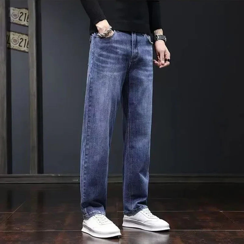 Men Fashion Loose Straight Elasticity Jeans Male Wear-resistant Slim Fit Denim Pants Smart Casual Dark Gray Trousers