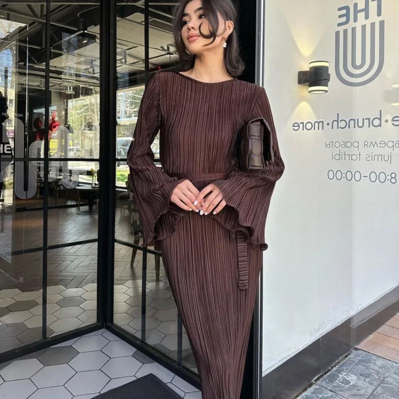 Autumn Winter Party Dress for Women 2025 Y2K INS Elegant Fashion Long Sleeve O Neck Lace Up Folds Evening Graduation Long Dress