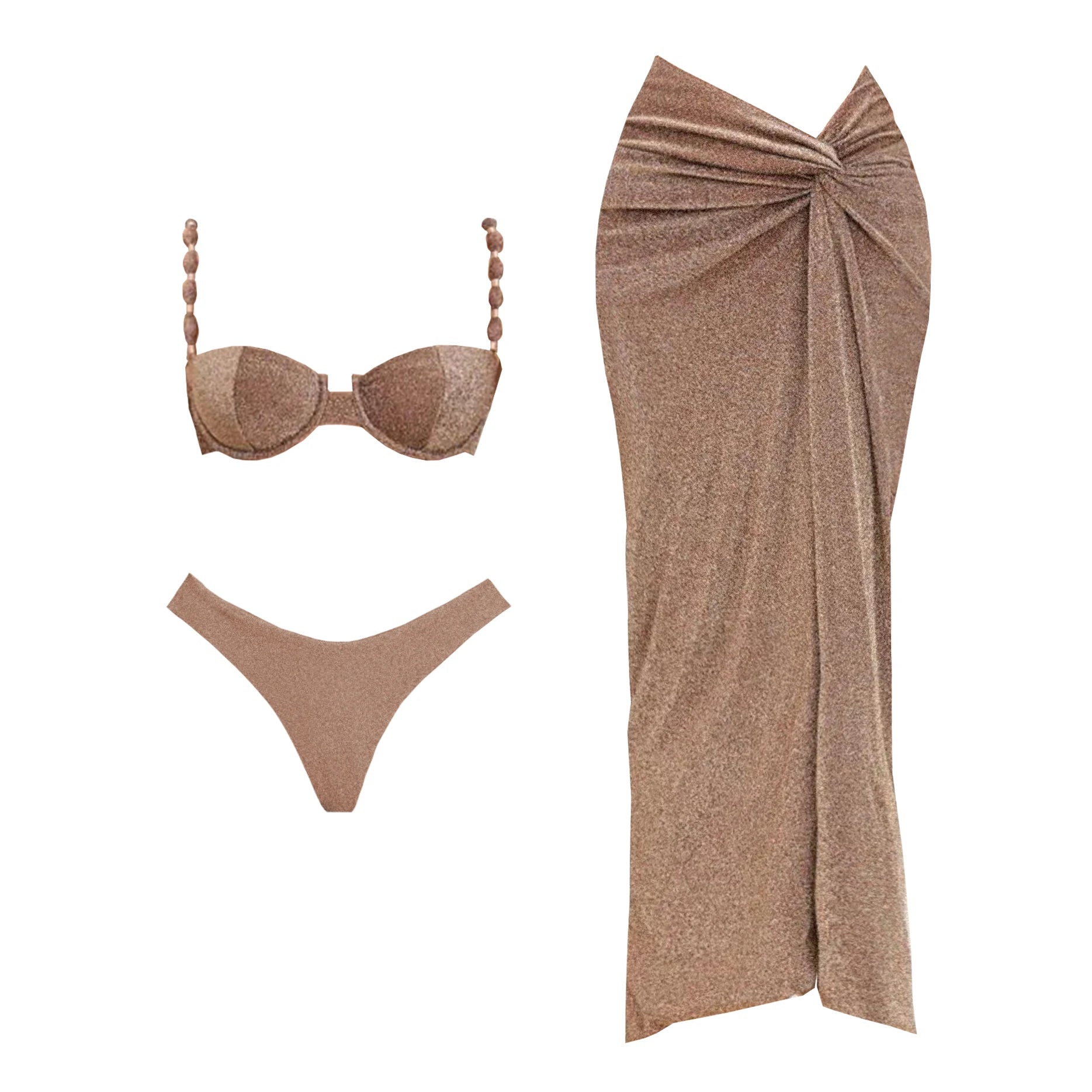 3Pcs Push Up Swimsuit With Long Skirt Sexy Women Swimwear Female Bikini V Neck Swimming Suit Shiny Bodysuit Beachwear Cover Up