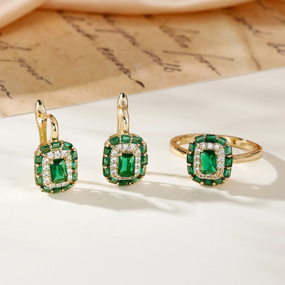 Square design inlaid zircon earrings ring for women fashion jewelry copper plated 14K gold exquisite luxury suit jewelry gift