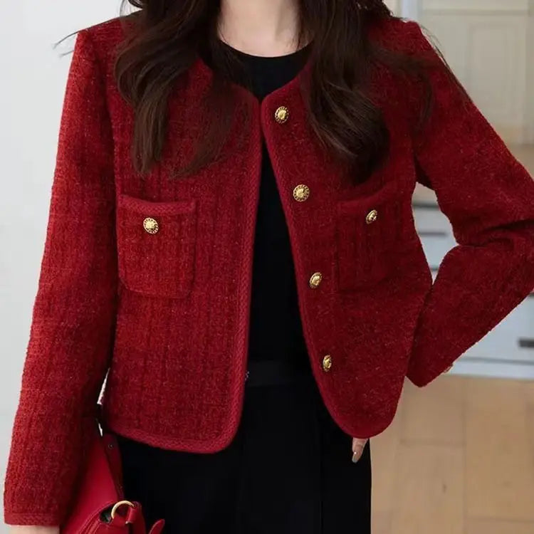 Spring Autumn New Red Tweed Small Fragrance Coat Short Blazers Korean Fashion Elegant Female Tops Outerwear