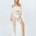 Women 2 Pieces Beachwear Outfits Solid Color Hollow-Out Tassel Off Shoulder Cover-Ups Slit High Waist Sarong Long Skirts Set